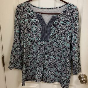 Kim Rogers Geometric V-Neck Tunic in Teal, Navy, and White